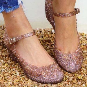 Pink Glitter Ankle-Strap Jelly Wedge - Women Size 8